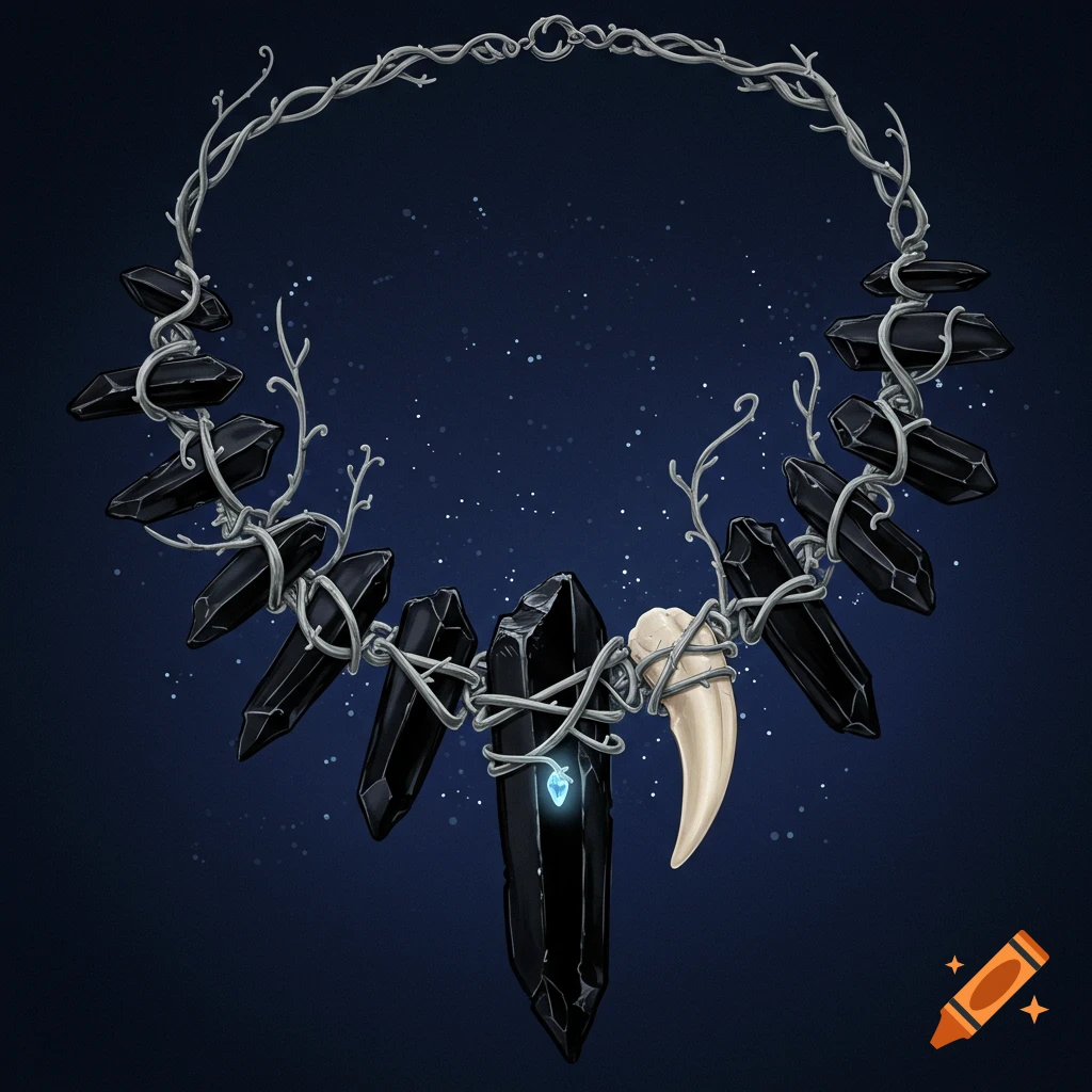 A fantasy necklace with black crystals, silver vines, and a fang on a starry background.