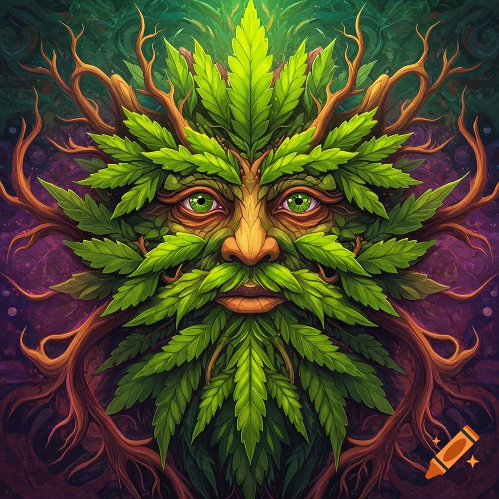 A face made of leaves and roots resembling a mythical Greenman.