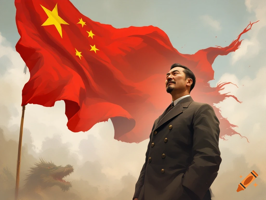 A man is looking up at a large red flag with stars, and a dragon figure is nearby.