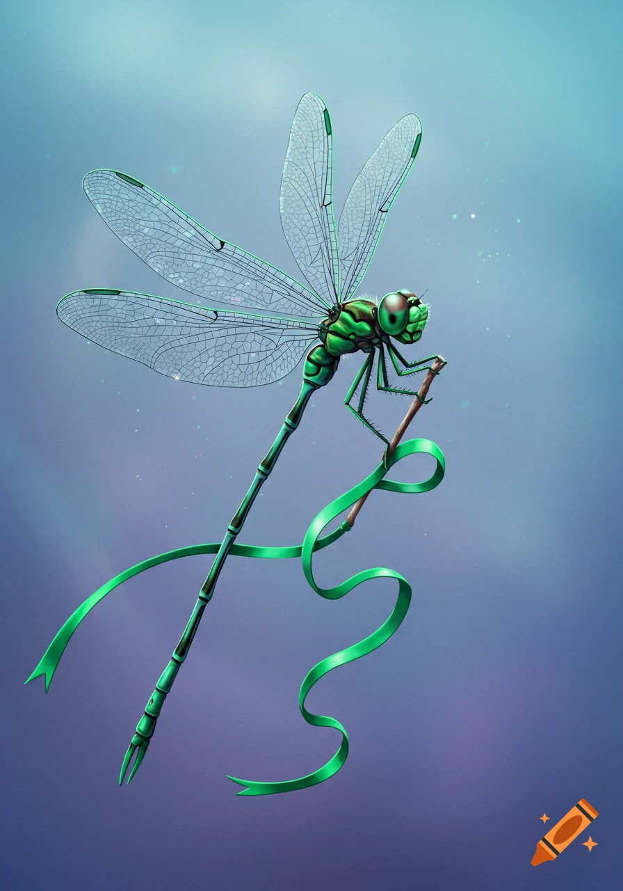 A green dragonfly is perched on a stick adorned with a ribbon.