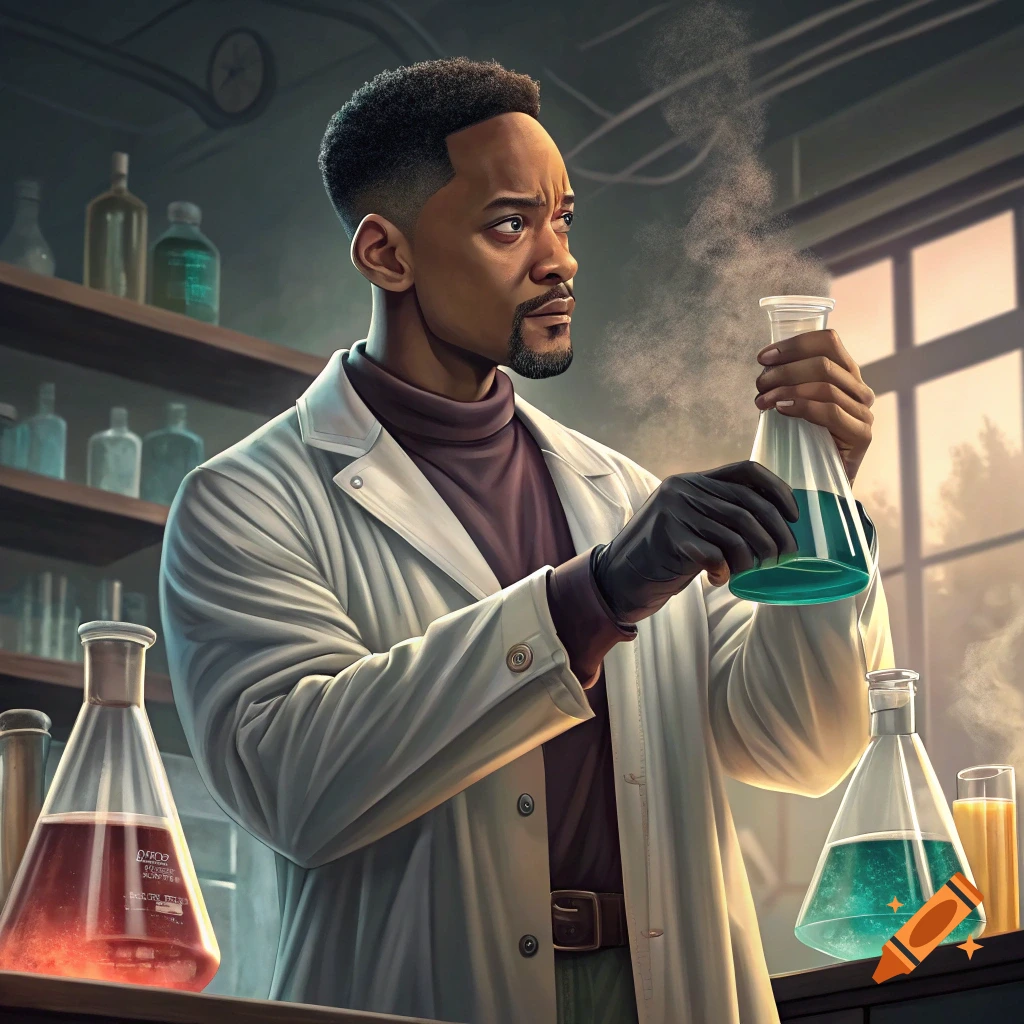 A person resembling Will Smith in a lab coat holds a flask of blue liquid in a science laboratory.