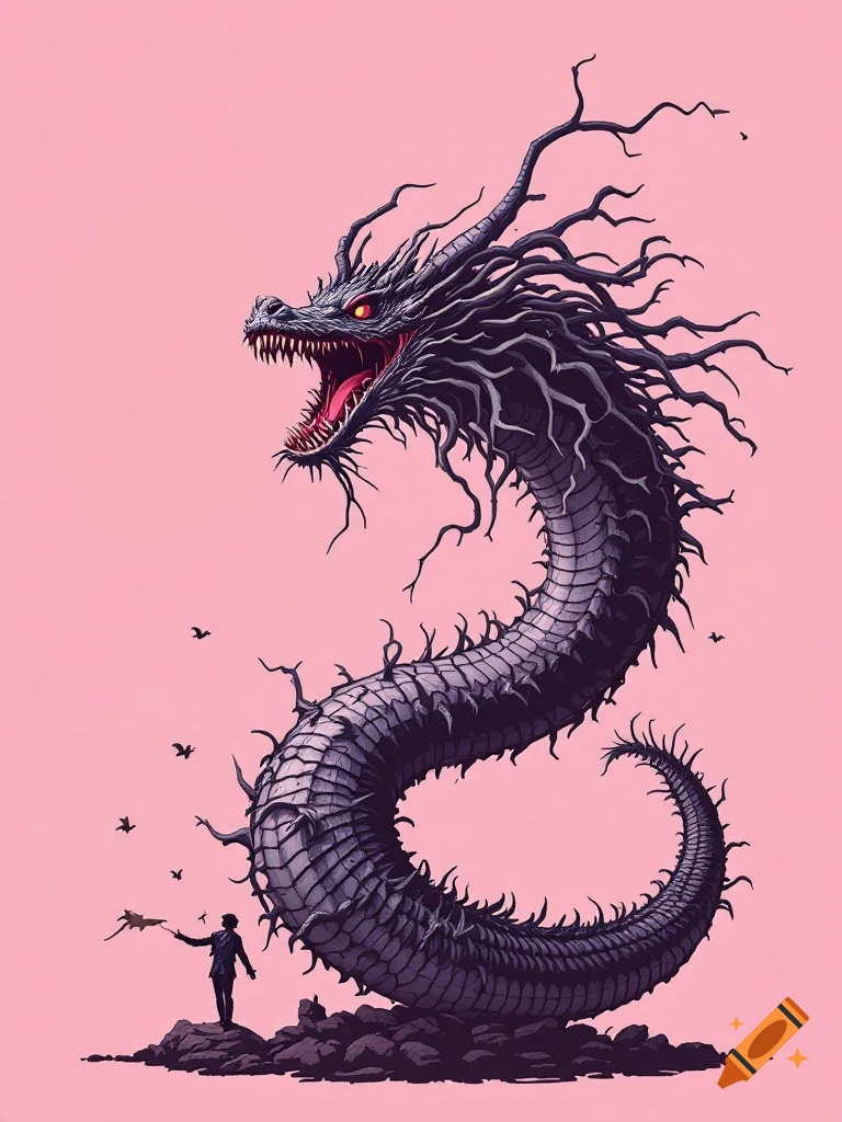 A large, dark serpentine creature with tendrils looms over a small human figure on rocks, against a pink background.
