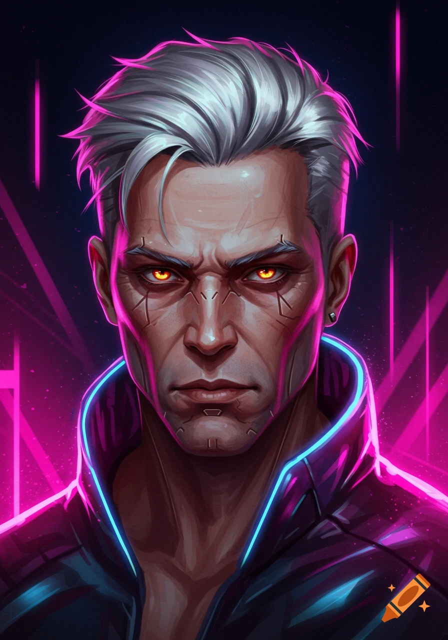 A man with silver hair and orange eyes stands in a dark cyberpunk setting.