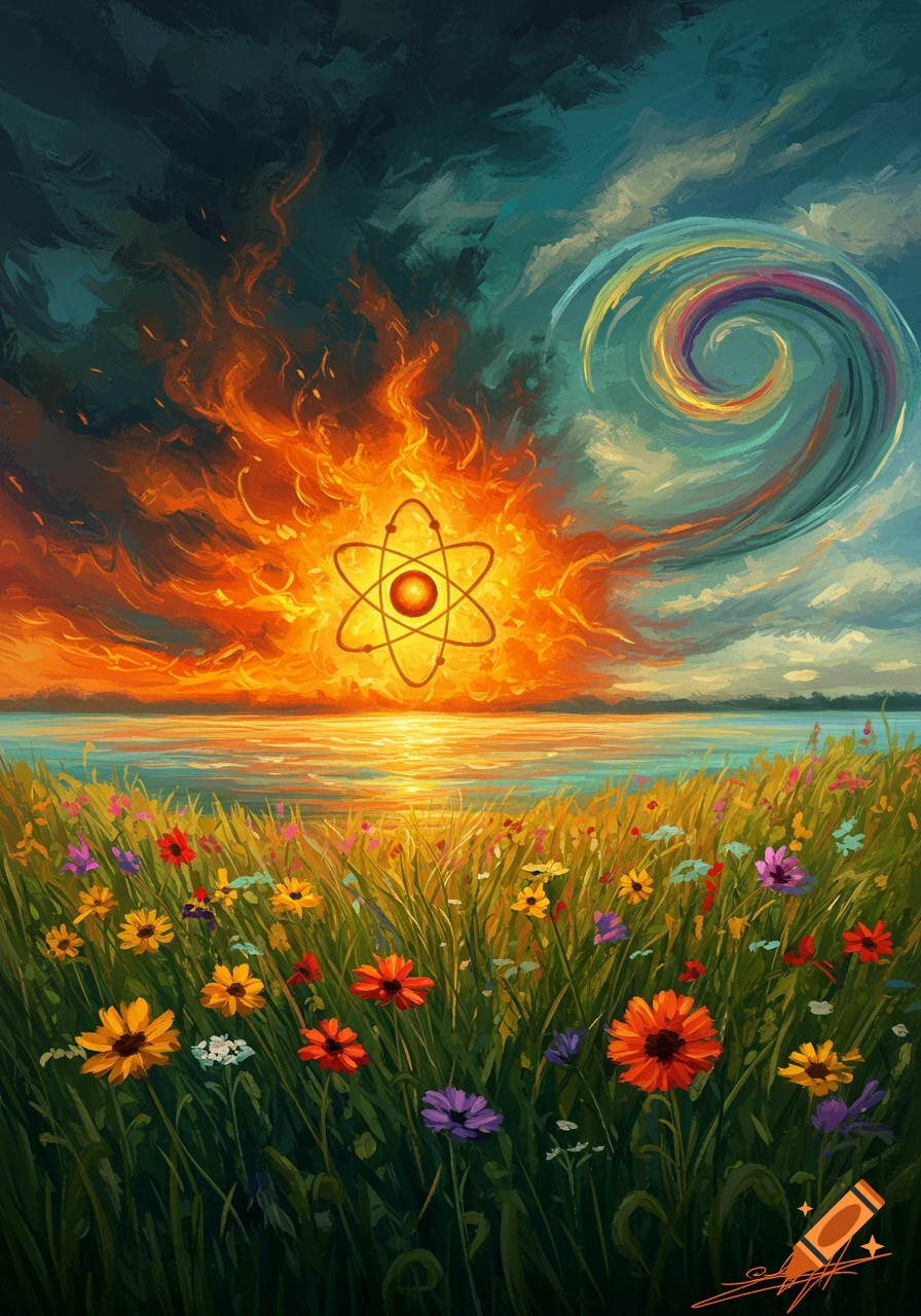 An atom symbol surrounded by fire above water, with a field of flowers in the foreground and a colorful swirl in the sky.
