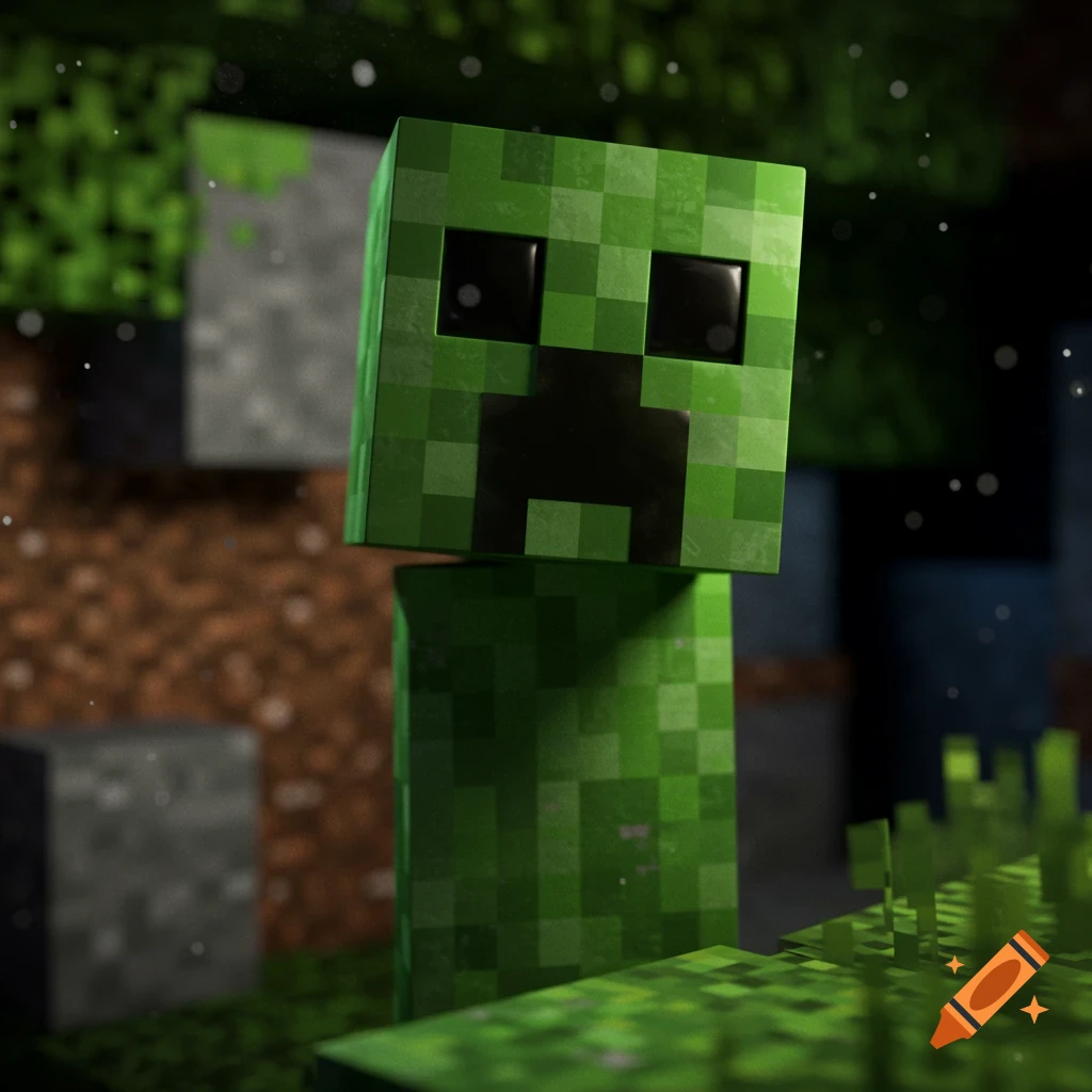A close-up 3D render of a green Minecraft creeper in a blocky forest setting.