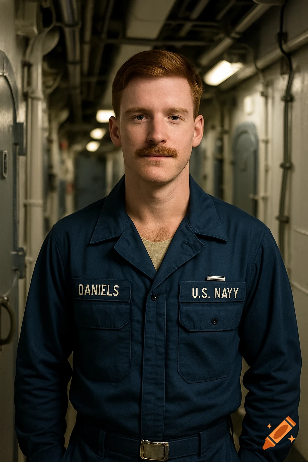A man in a U.S. Navy uniform stands in a ship corridor.