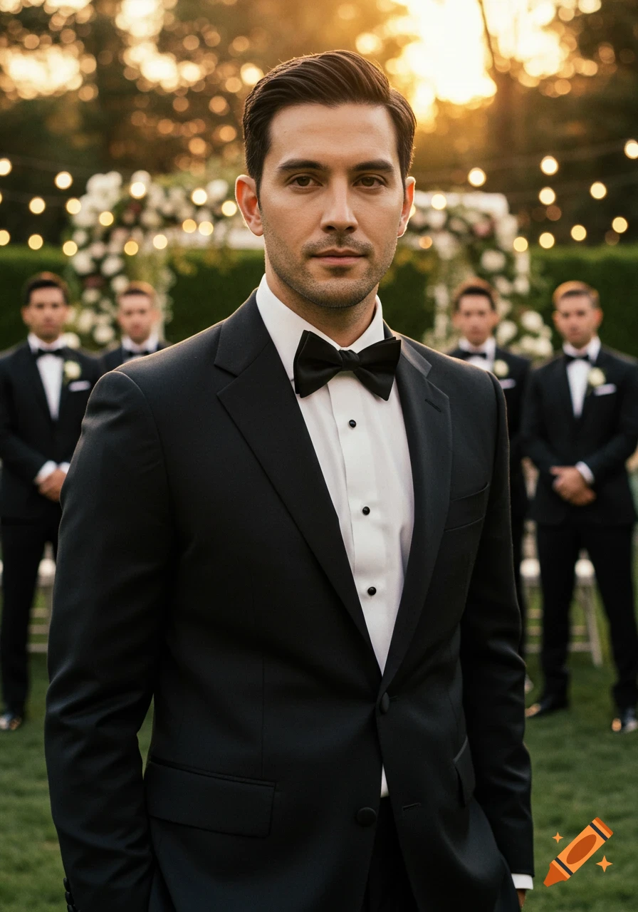 Photorealistic portrait of a groom in a black tuxedo and bow tie at an outdoor wedding with groomsmen in the background.