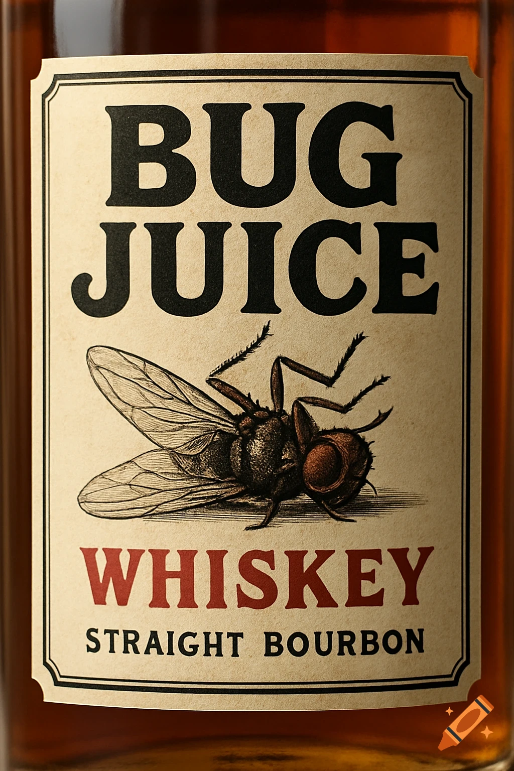Bottle label for Bug Juice Whiskey featuring a drawing of a fly.