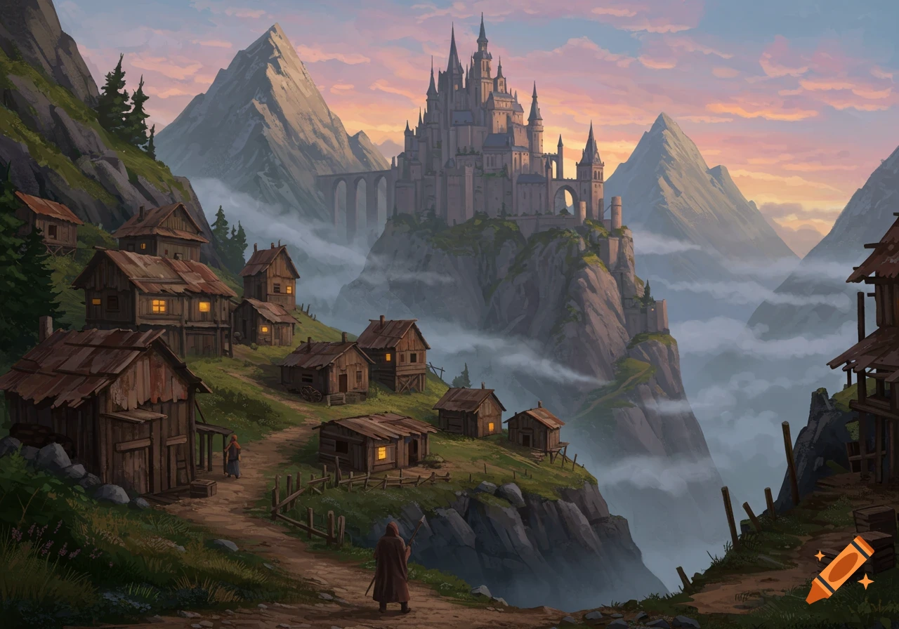 A fantasy castle atop a mountain overlooking a poor village in a valley with mist at sunset.