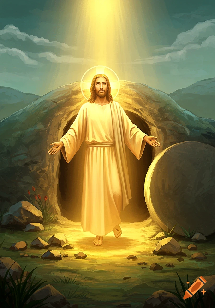 Jesus rising from an empty tomb with bright light overhead.
