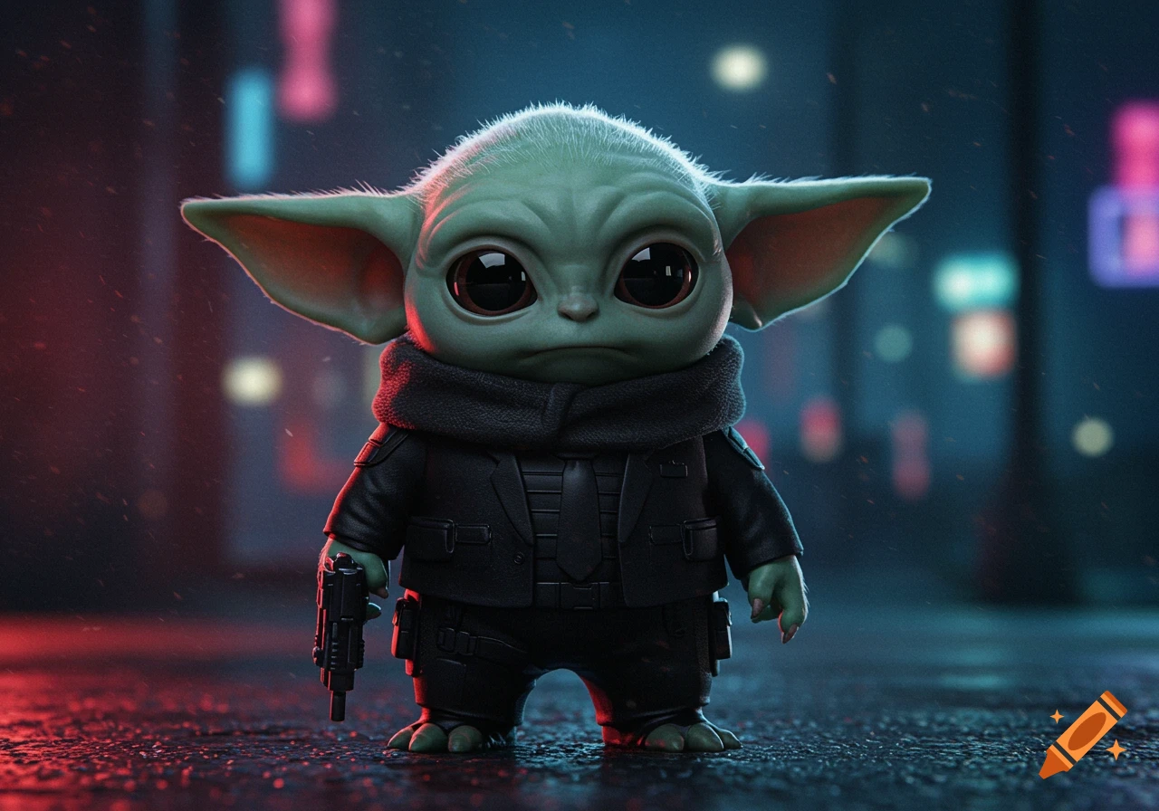 Hyperrealistic image of Grogu dressed as John Wick, holding a blaster pistol in a darkly lit urban environment.