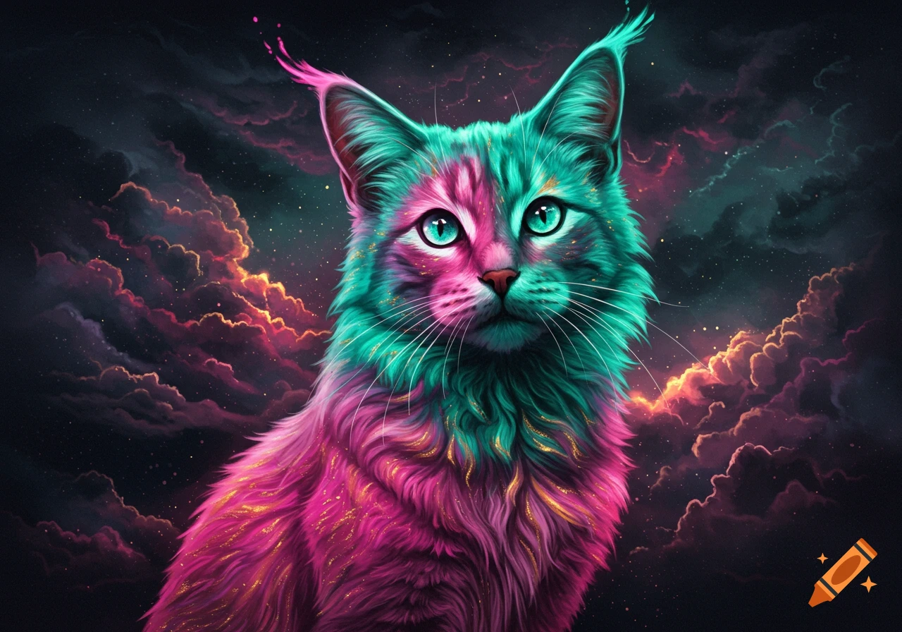 A cat with vibrant pink and teal fur against a starry, colorful cloud background