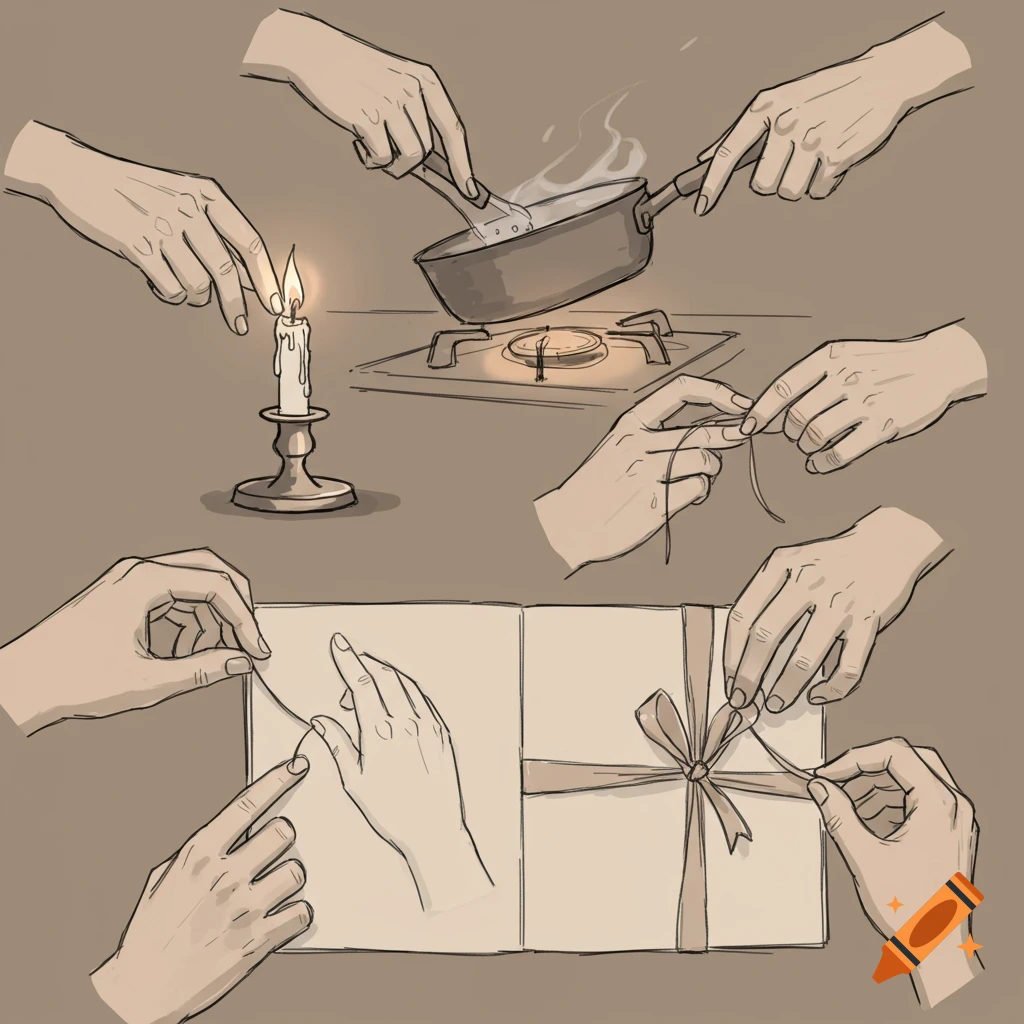 Sketch illustration of hands performing various tasks including lighting a candle, cooking, and wrapping a gift.
