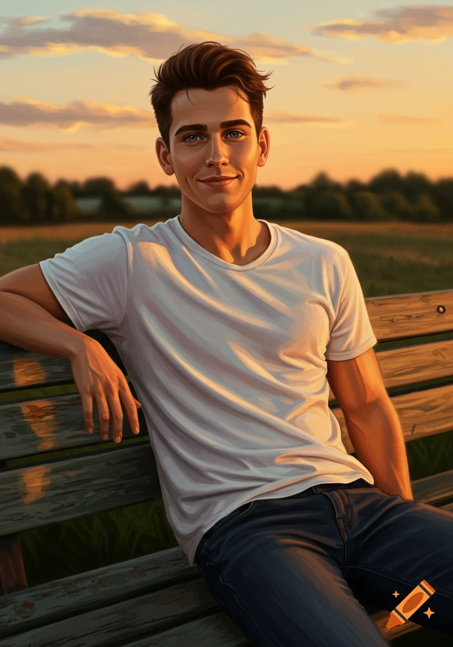 A young man sits on a park bench as the sun sets.