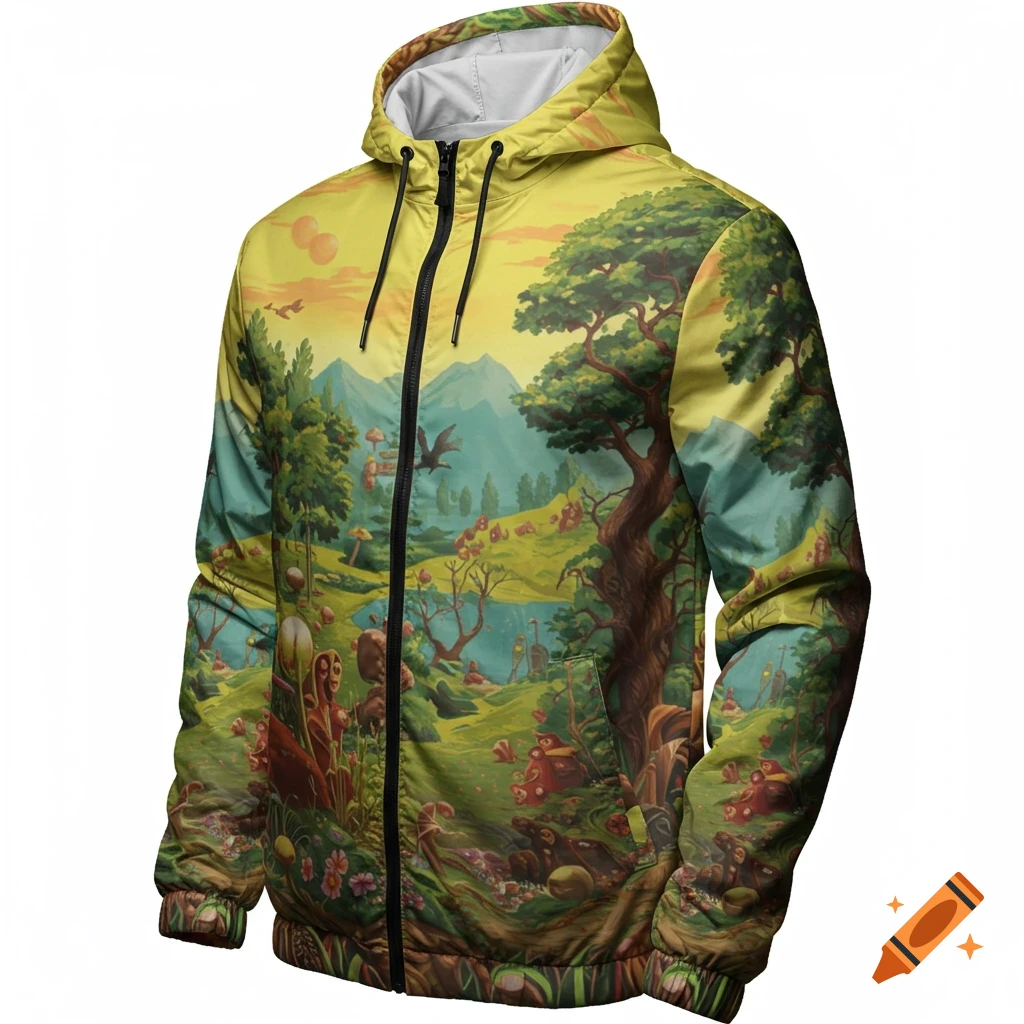 A yellow jacket featuring an all-over digital print of a vibrant fantasy landscape with trees, mountains, water, and whimsical creatures.