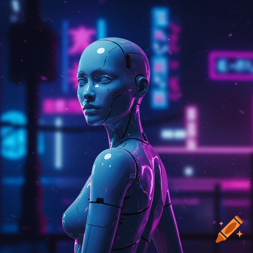 A blue cybernetic figure stands in a blurry neon city.