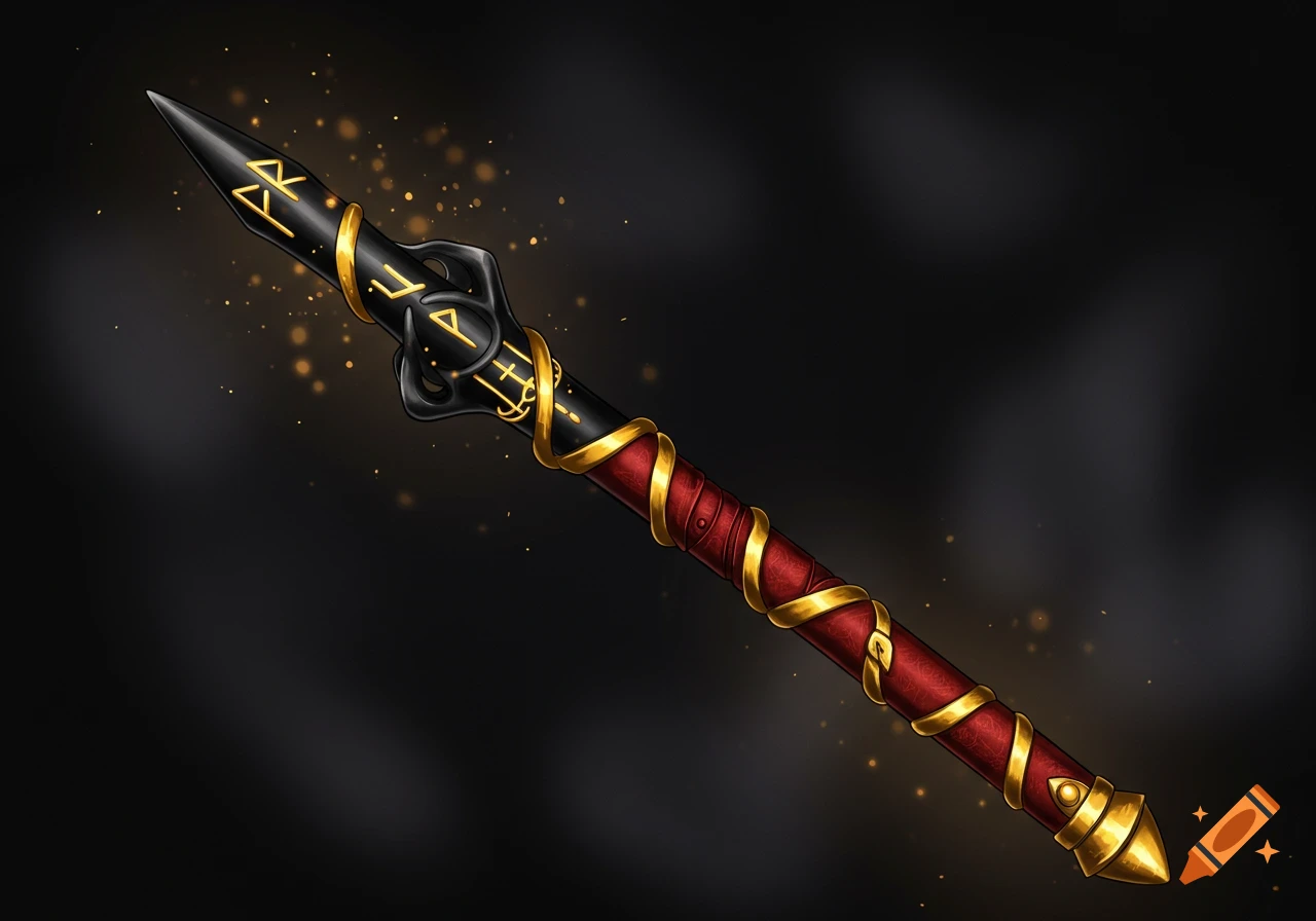 An ornate black and red staff or spear with golden wrapping and glowing runes.