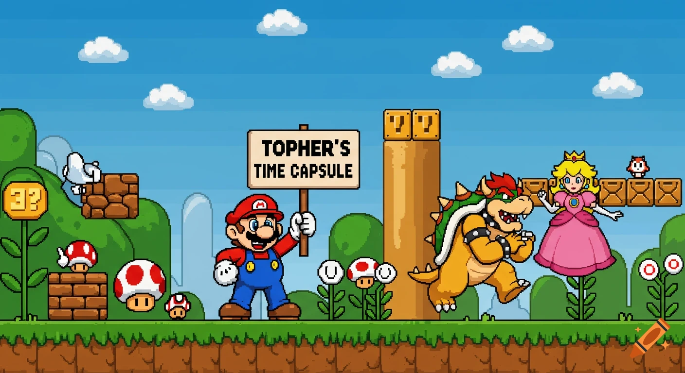 Pixel art Super Mario scene with Mario holding a sign saying 'Topher's Time Capsule', Bowser chasing Peach in a retro game level.