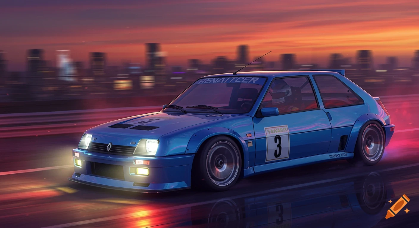 Blue modified Renault 5 Turbo race car driving on a road at sunset.