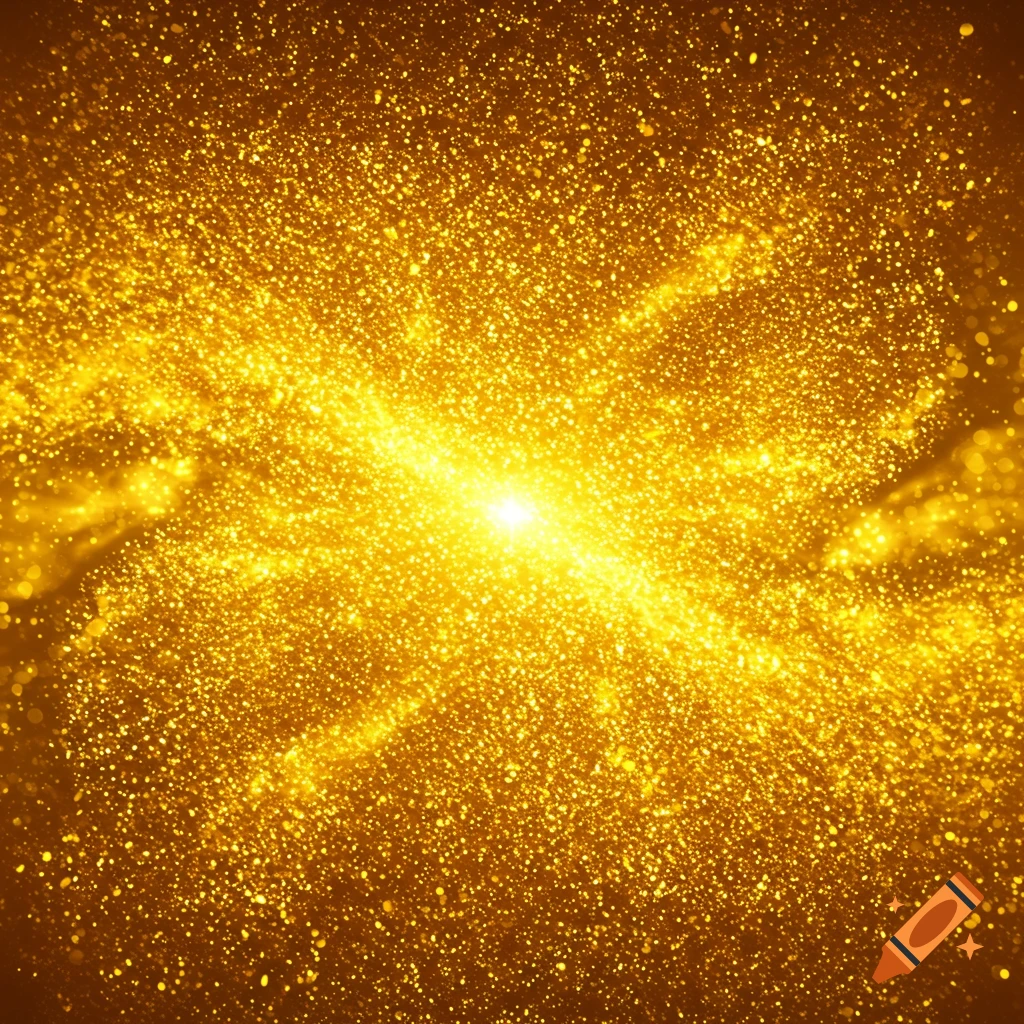 Abstract image of golden glitter particles exploding from a bright yellow light