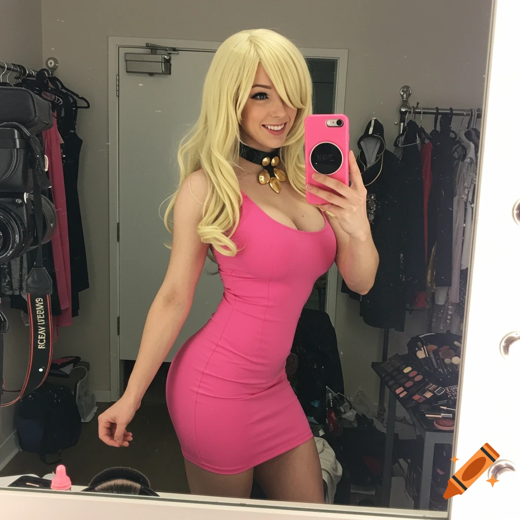 Blonde woman in a pink dress taking a mirror selfie in a dressing room.