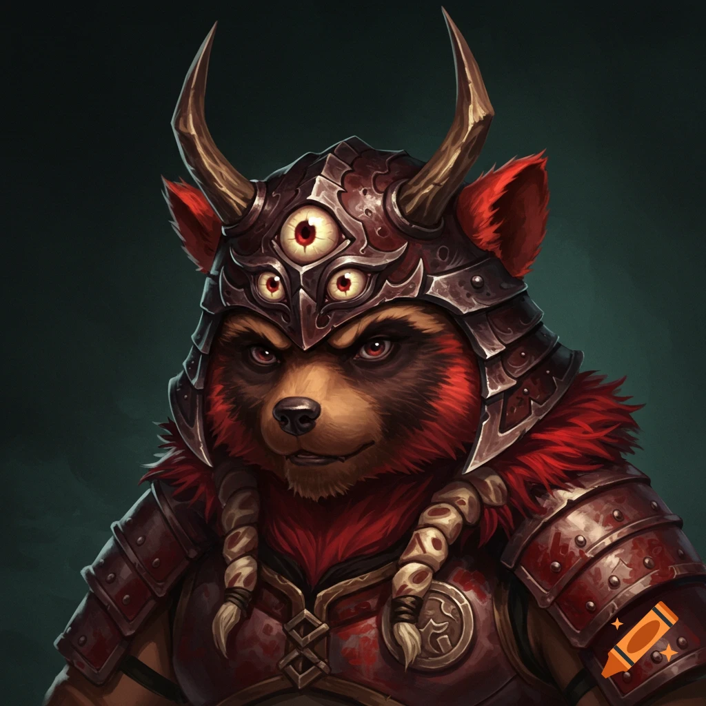 Close-up of a fantasy raccoon-dog warrior in red samurai armor and a horned helmet with multiple eyes, dark fantasy art.
