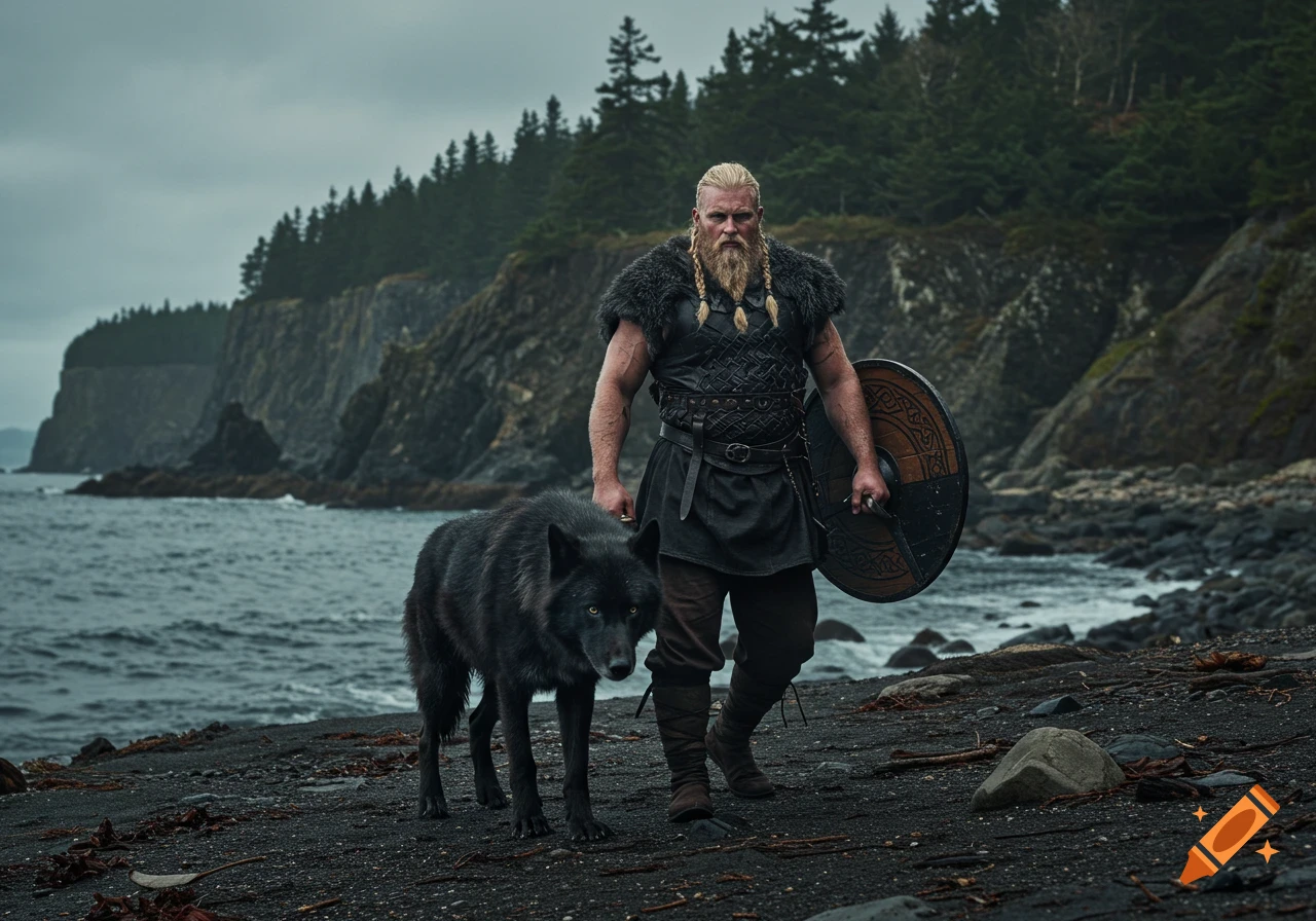 Photorealistic image of a bearded man in viking attire walking a black wolf on a rocky beach.