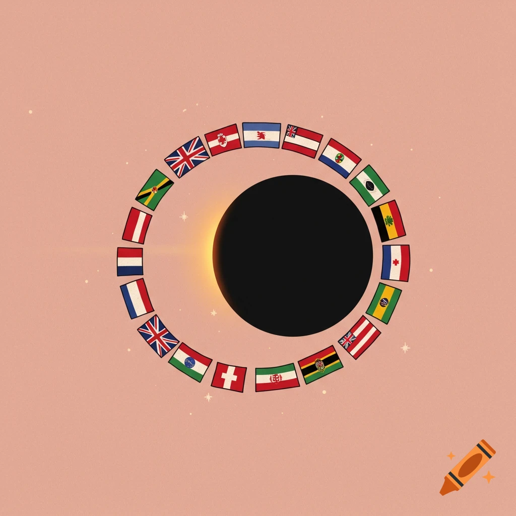 An eclipse surrounded by a ring of national flags.