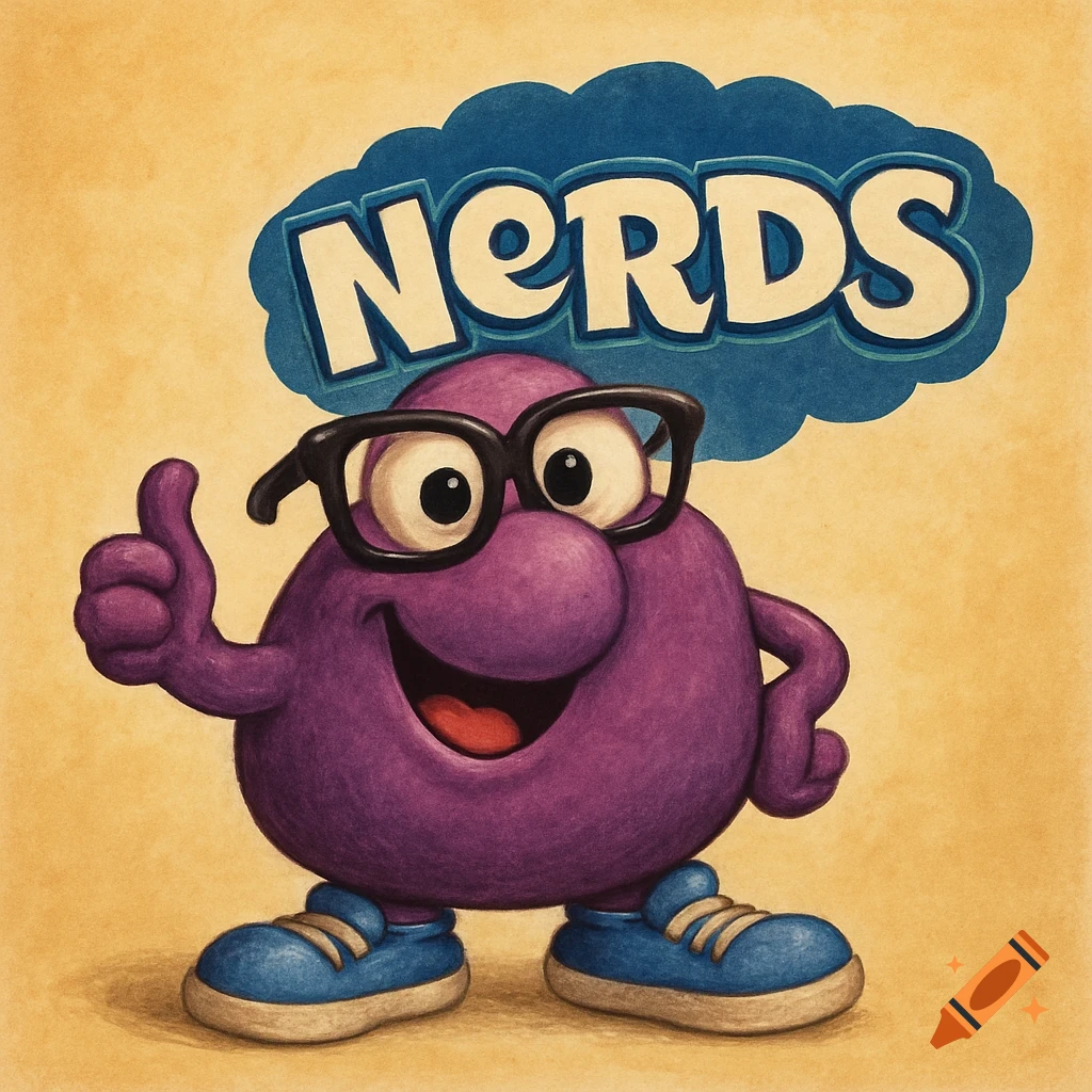 Purple cartoon mascot with glasses and shoes gives a thumbs up, with 'NERDS' text above.