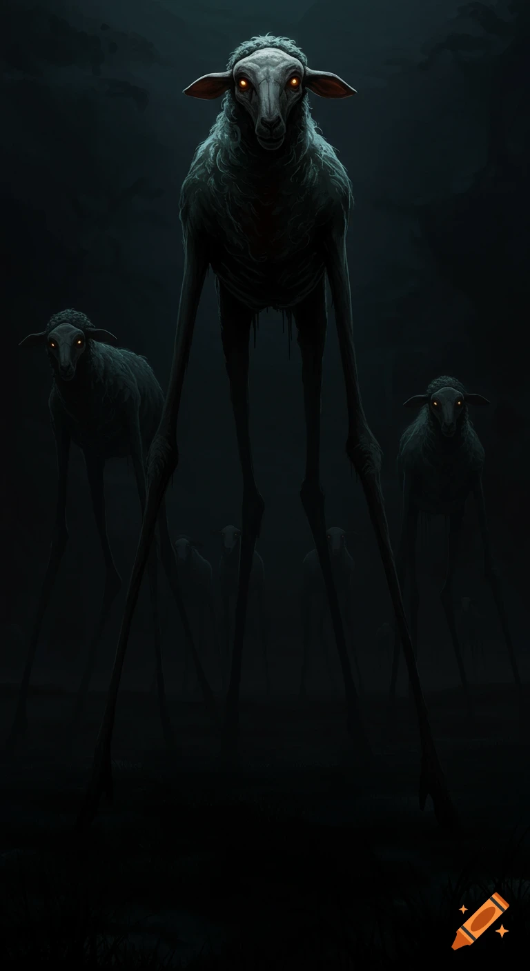 Creepy tall skinny sheep with glowing eyes in a dark misty landscape.