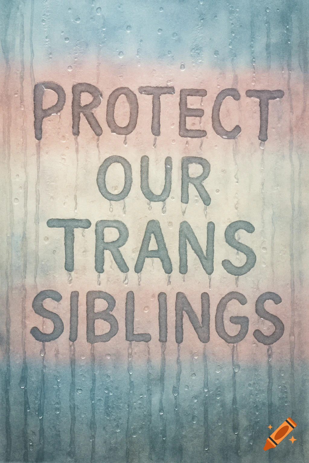 Text 'PROTECT OUR TRANS SIBLINGS' written in condensation on a window with transgender flag colors.