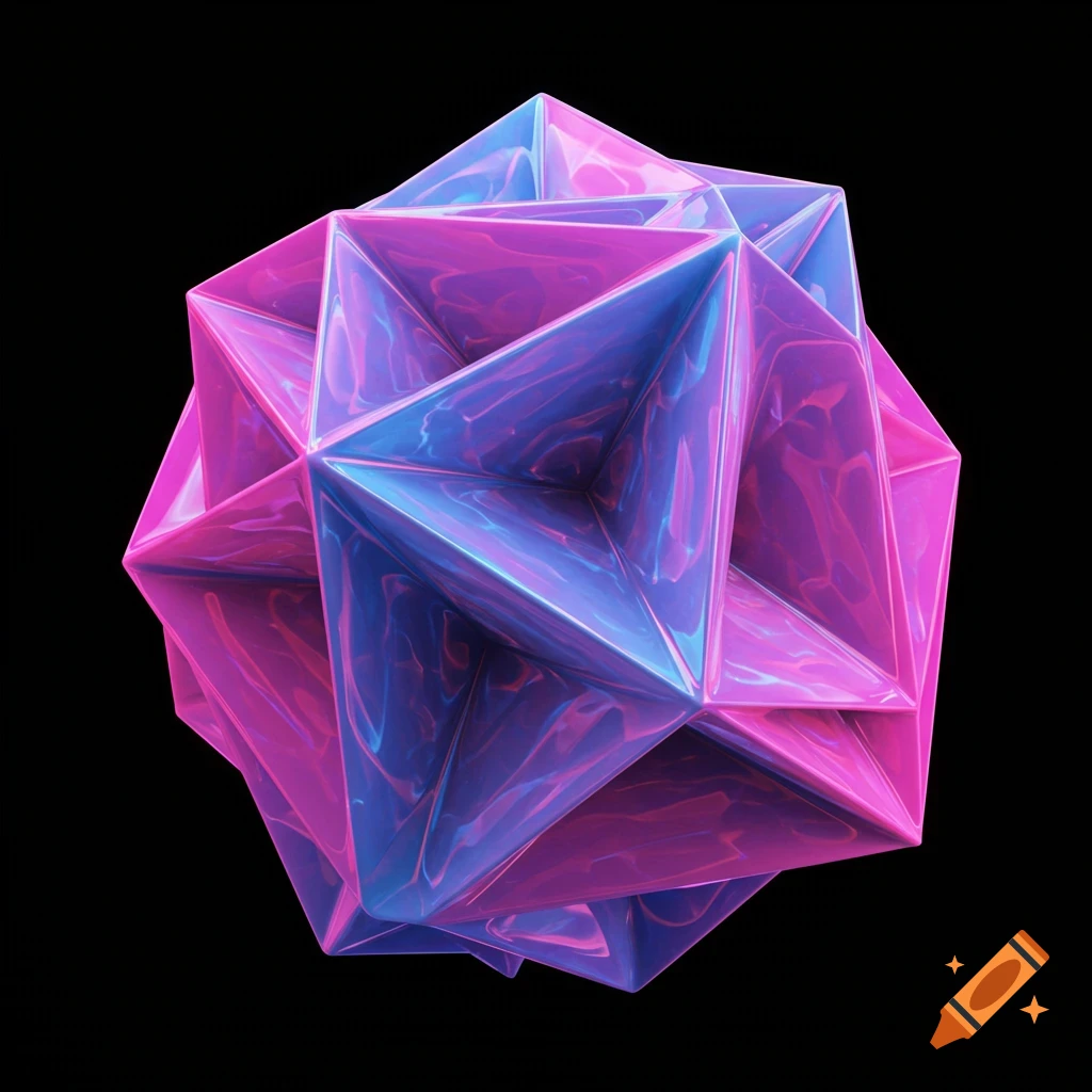 A complex geometric shape glows with pink and blue holographic colors against a black background.