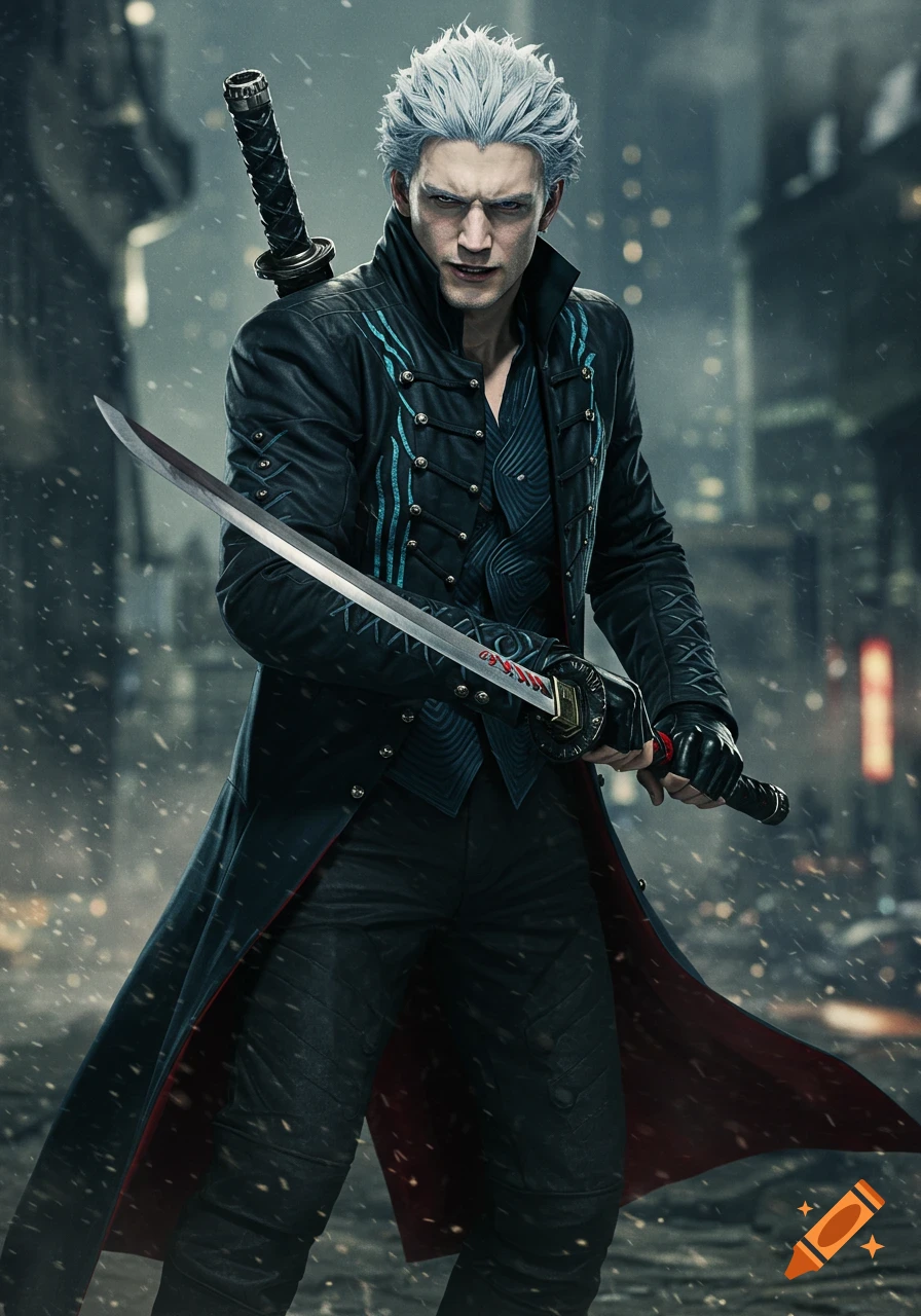 A man with white hair and long dark coat holds a sword in a city.
