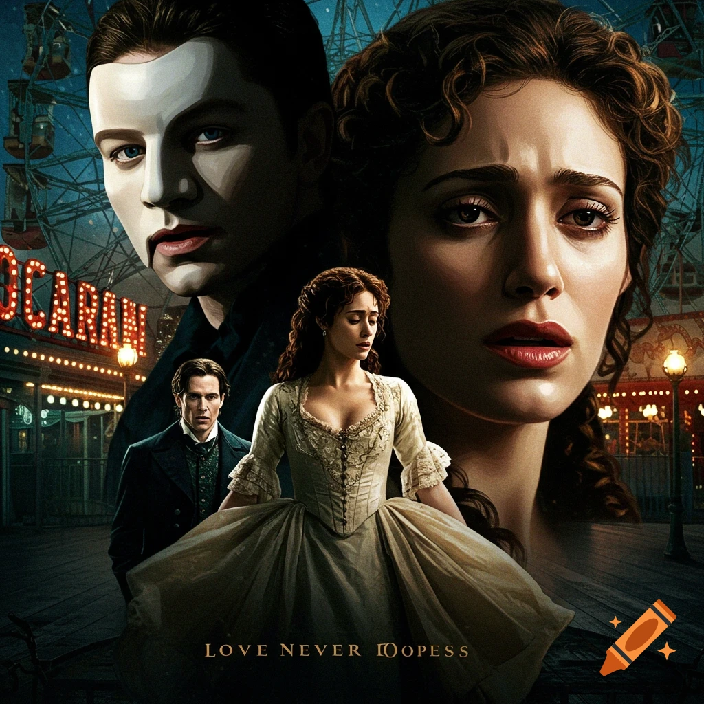 Poster with masked man, woman, and man at an amusement park.