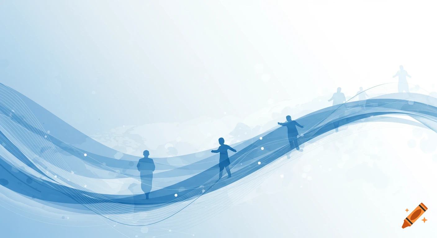 Abstract blue and white background with flowing lines and people silhouettes