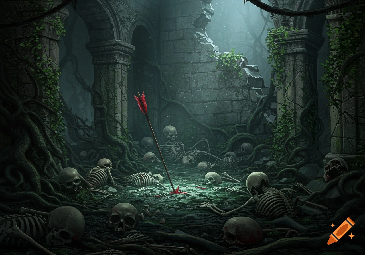 Skeletons and an arrow in ancient ruins overgrown with vines.