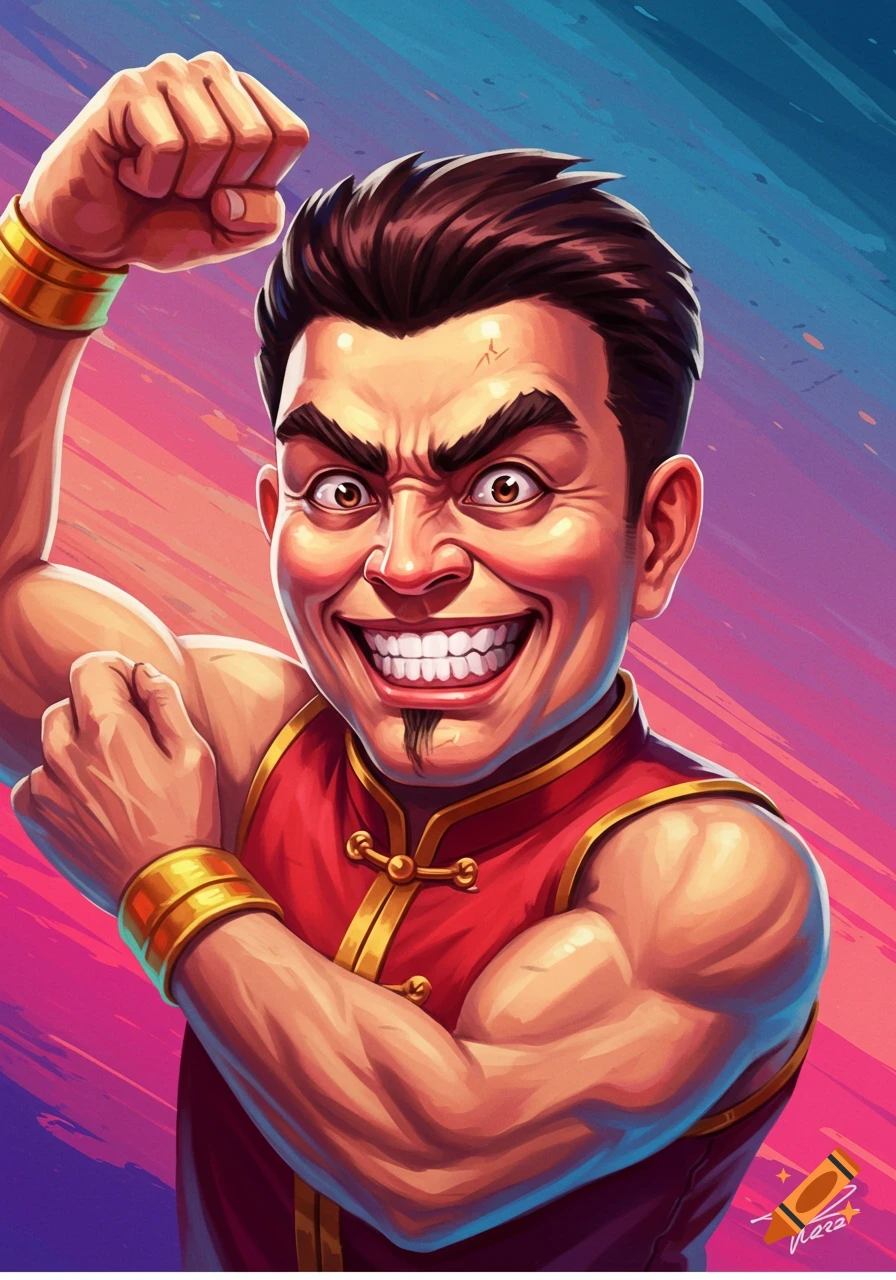 A stylized image of a man in a red martial arts outfit flexing his muscles with a wide grin.