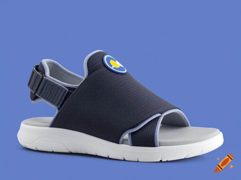 Dark blue and gray sandal with a white sole and logo on a blue background.