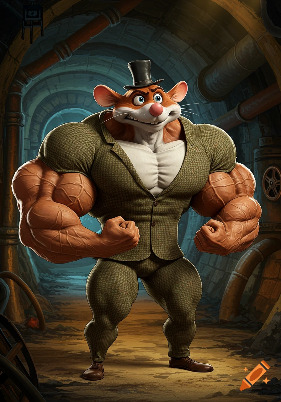 Muscular anthropomorphic mouse in a suit and top hat stands flexing in a sewer tunnel.