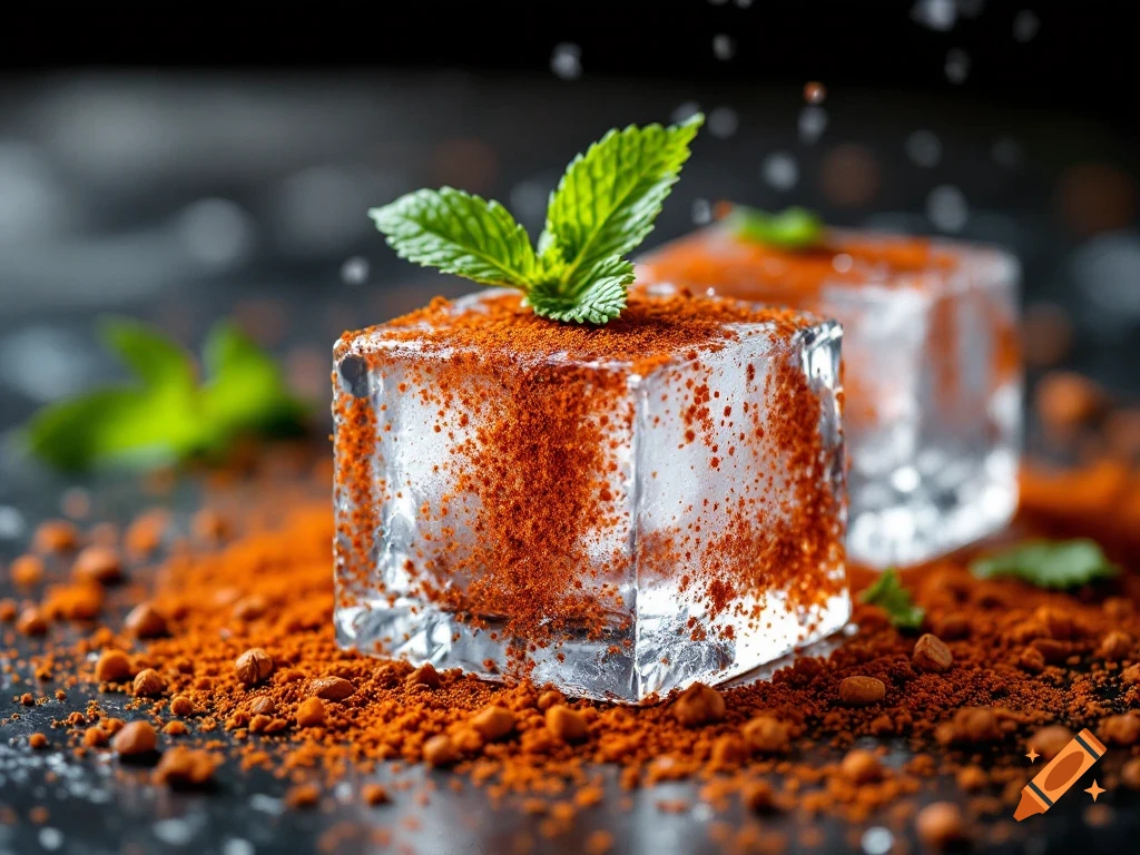 Close-up photorealistic still life of ice cubes covered in orange spice with mint leaves.