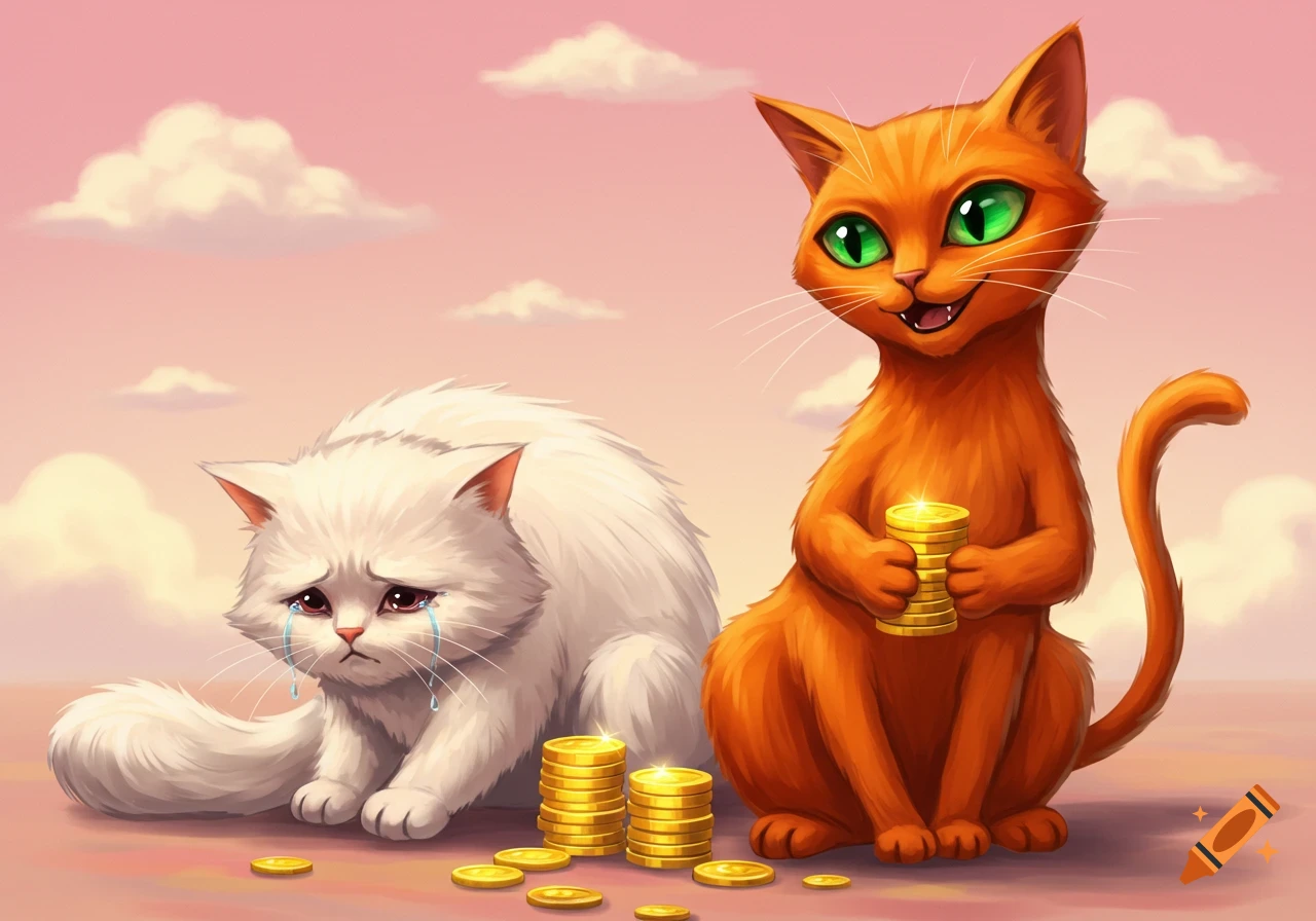 A crying white cat and a smiling orange cat are sitting next to stacks of gold coins.