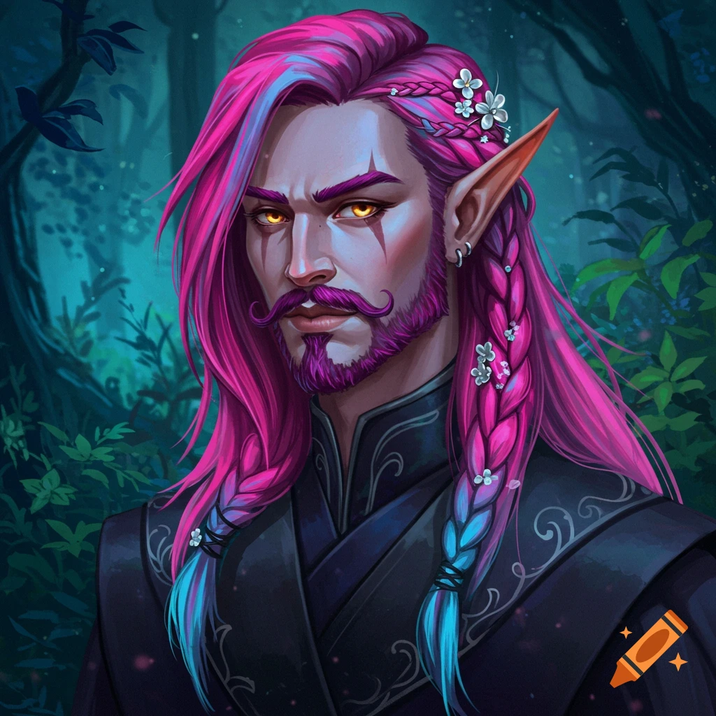 A male elf with pink and blue hair, a mustache, and pointed ears against a forest background.