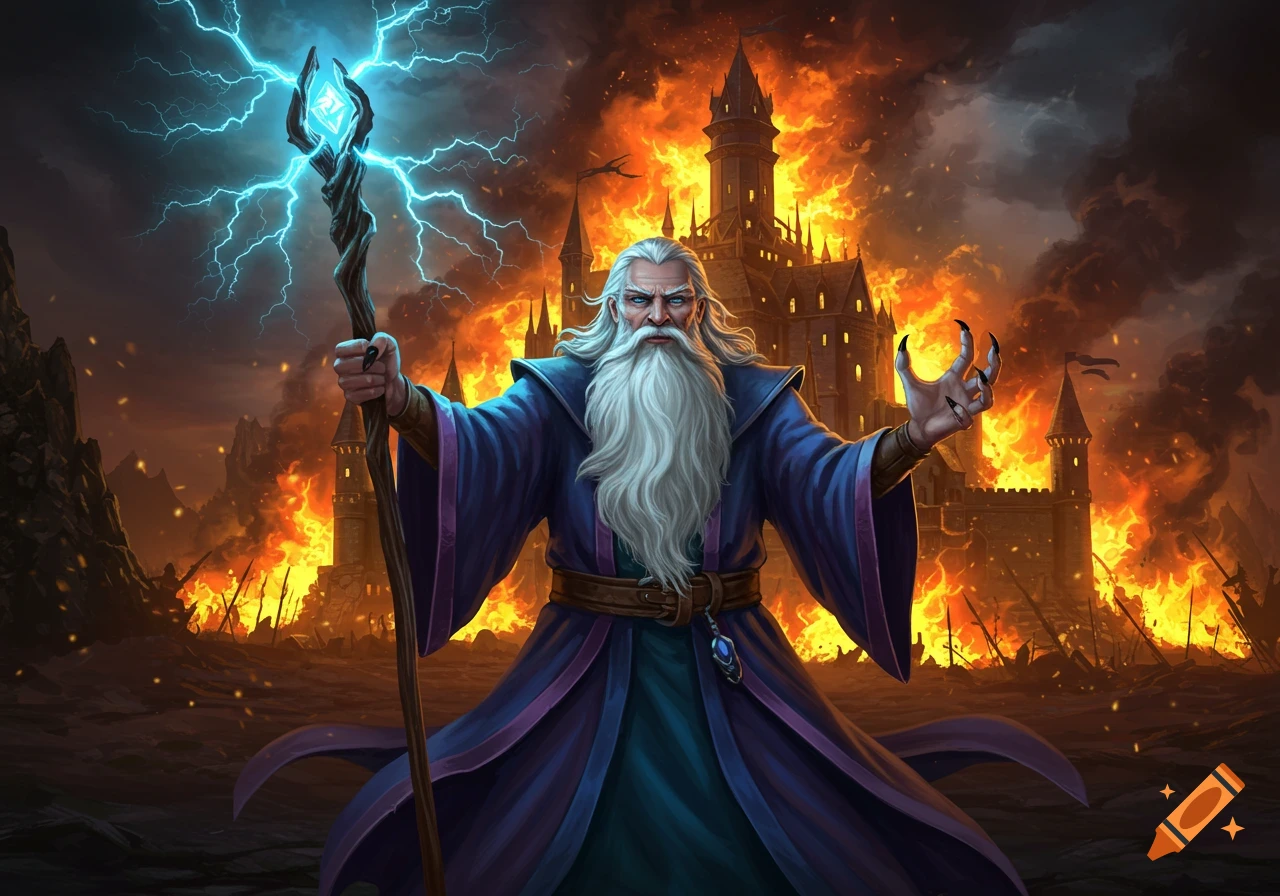 A powerful wizard holds a glowing staff with lightning against a backdrop of a burning castle.