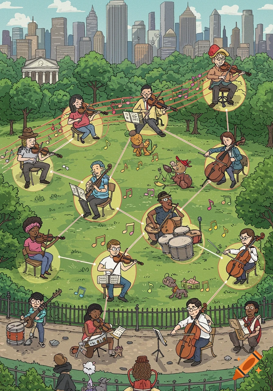 Illustration of musicians playing various instruments connected by lines and musical notes in a city park with buildings in the background.