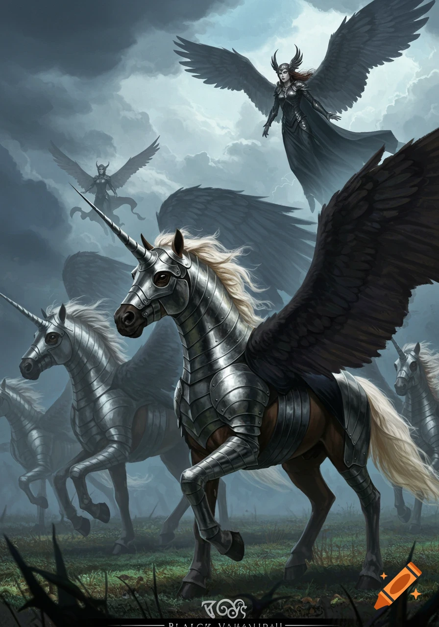 Armored, winged unicorns galloping in a misty field under dark clouds, with flying valkyries above.