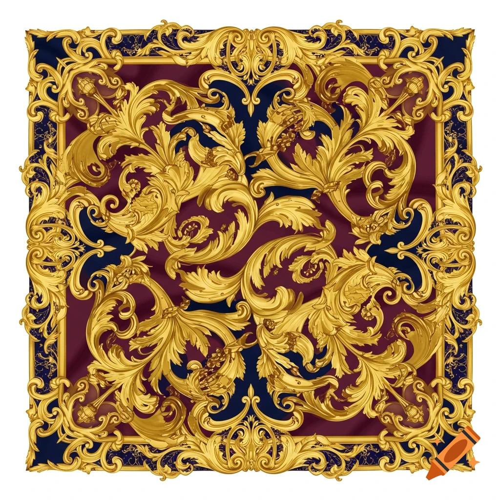 Intricate gold baroque pattern on a dark red and blue background.