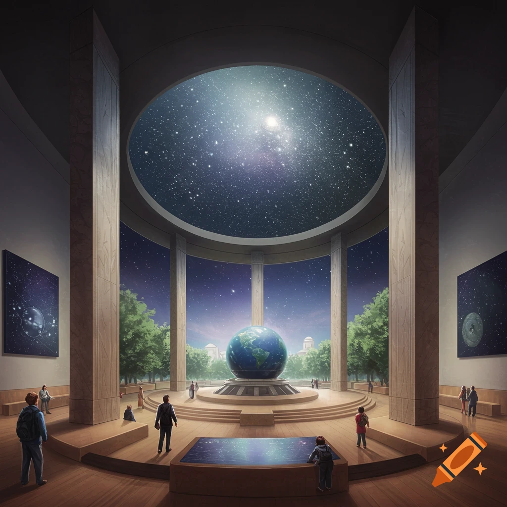 A large museum hall with a central globe display and a planetarium ceiling showing a starry sky.