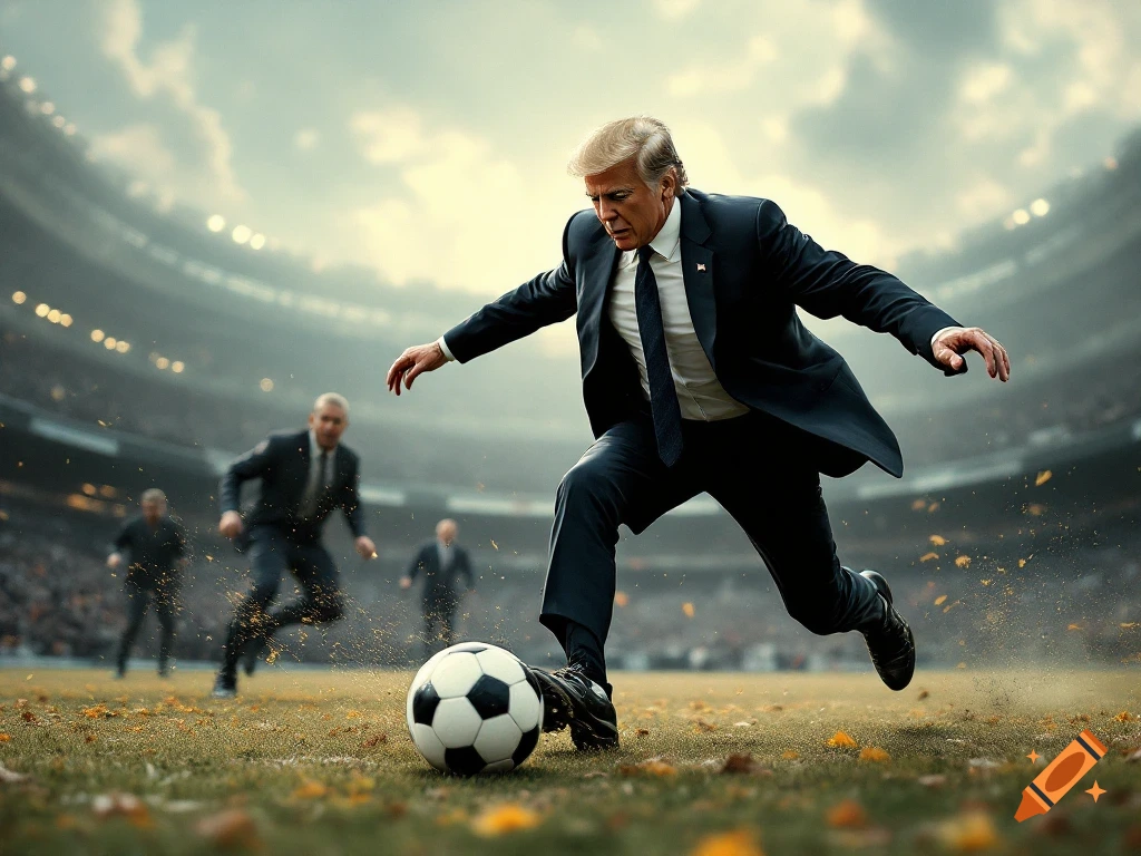 The president in a suit kicks a soccer ball on a field in a stadium.