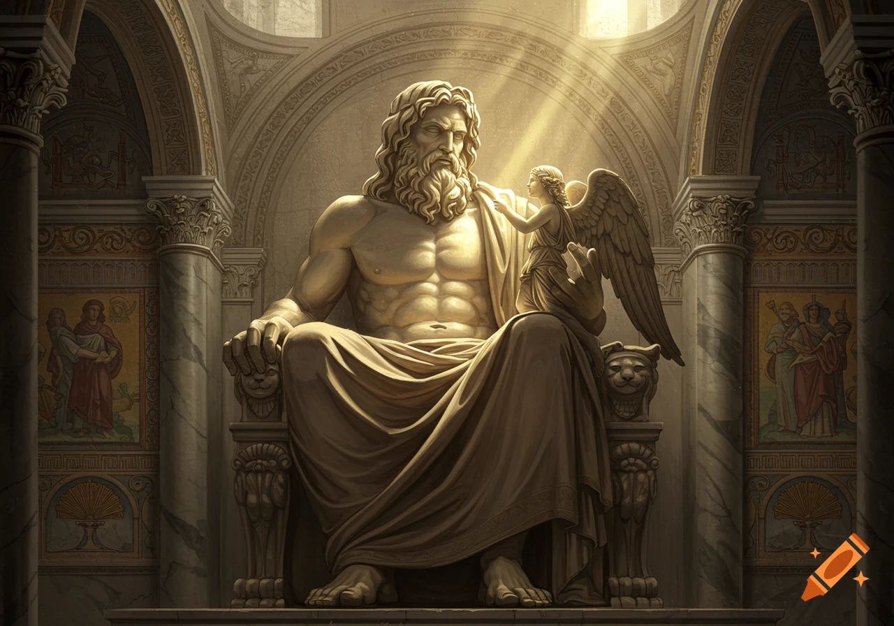 A statue of Zeus sits on a throne with an angel in a temple.