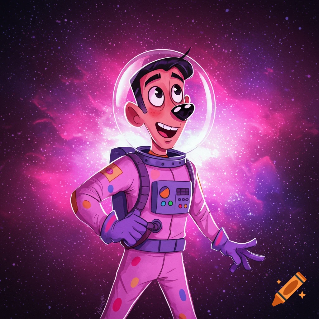 Cartoon character in a space suit against a galaxy background.